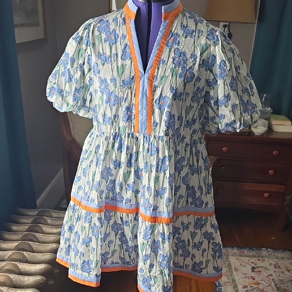 Entro Blue Floral Dress with Orange Accents